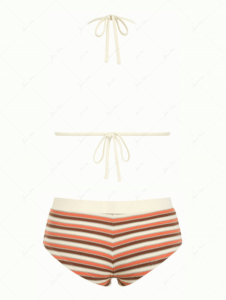 Burnt Orange Striped Textured Bowknot Triangle Cheeky Boyshorts Bikini Set