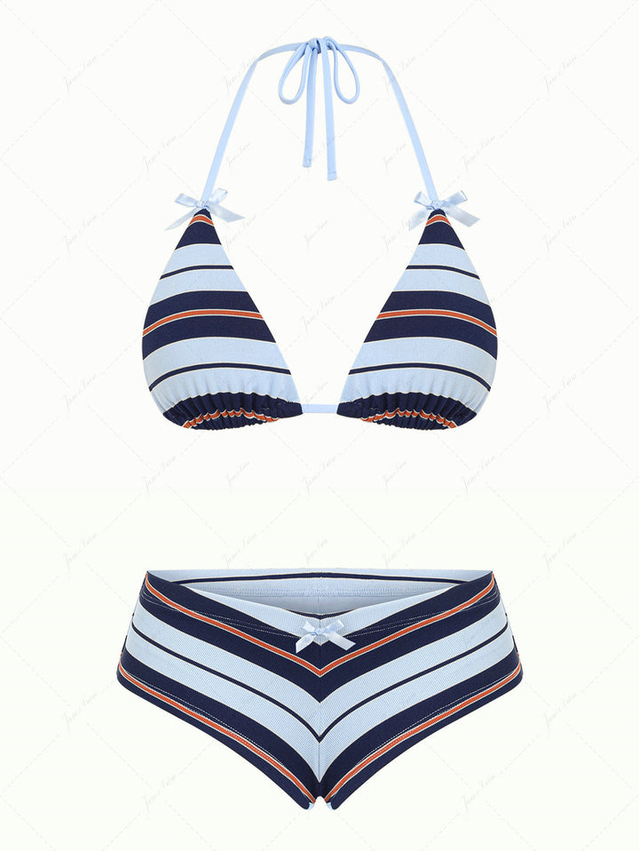 Blue Striped Bowknot Triangle Cheeky Boyshorts Bikini Set