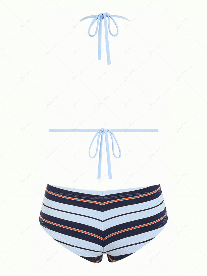 Blue Striped Bowknot Triangle Cheeky Boyshorts Bikini Set
