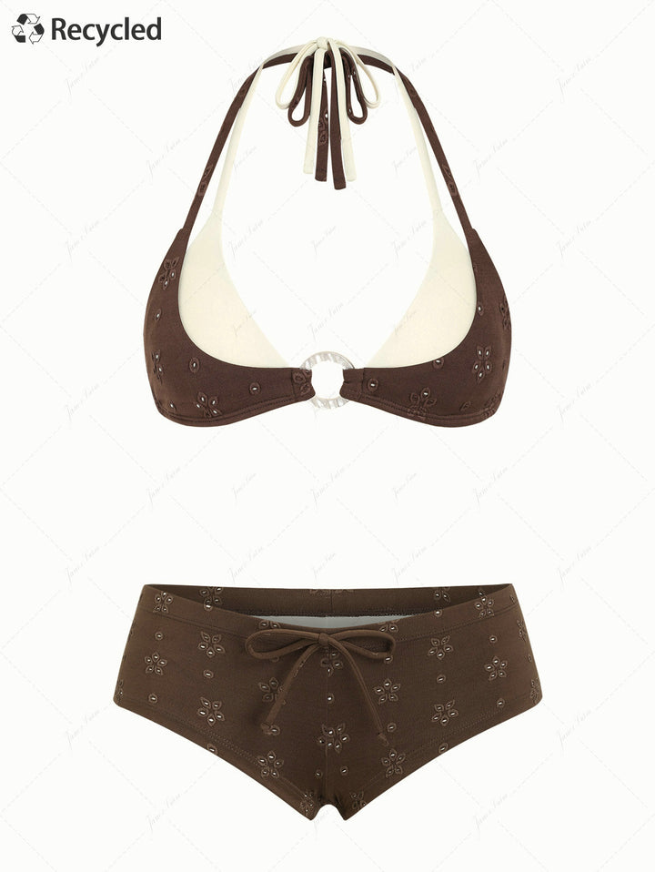 Deep Coffee Recycled Fabric Eyelet Jacquard O Ring Double Layer Top & Cheeky Boyshorts Bikini Set