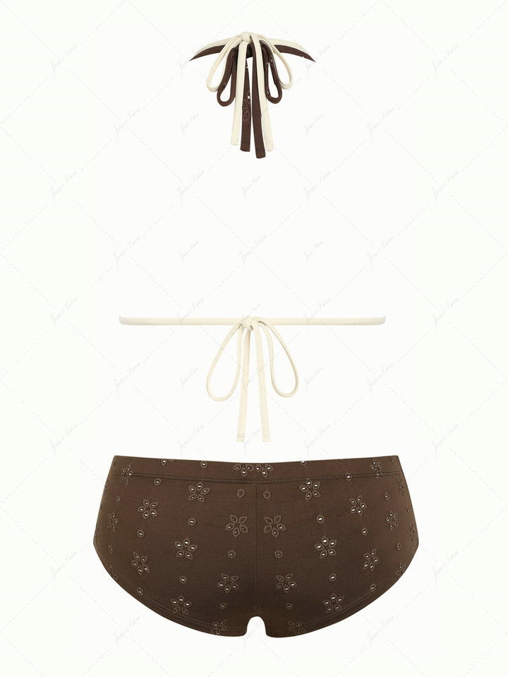 Deep Coffee Recycled Fabric Eyelet Jacquard O Ring Double Layer Top & Cheeky Boyshorts Bikini Set