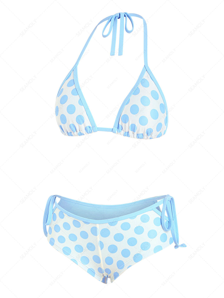Seamolly Polka Dot Contrast Binding Cutout Tied Cheeky Boyshorts Bikini Set