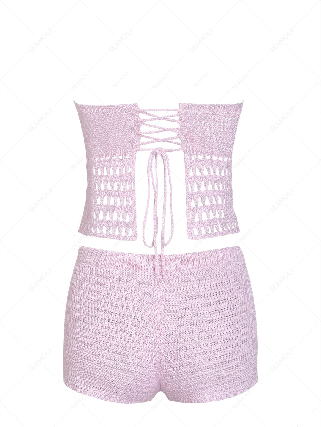 Flower Crochet Strapless Top And Drawstring Shorts Beach Cover Up Two Piece Set
