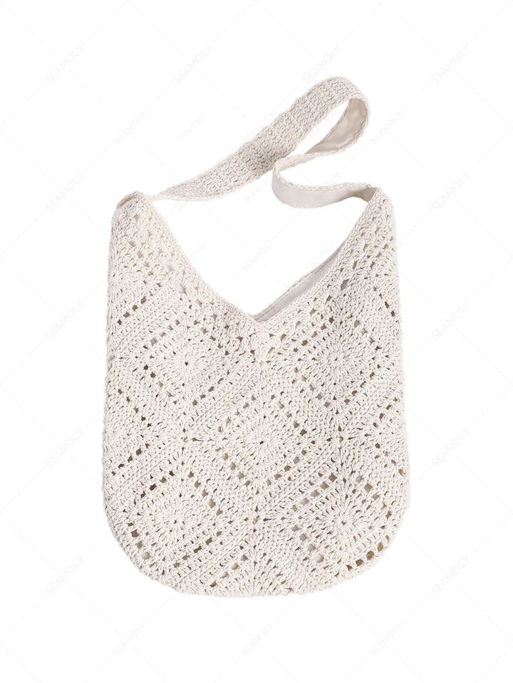 Vacation Crochet Hollow Out Floral Pattern Magnetic Closure Shoulder Bag