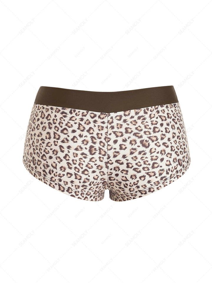 Seamolly 3 piece Leopard Print Double Layer Cheeky Boyshort Bikini Set