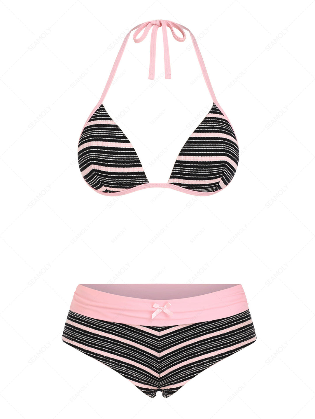 Seamolly Y2K Striped Ribbed Push Up Top & Fold Over Cheeky Boyshorts Bikini Set