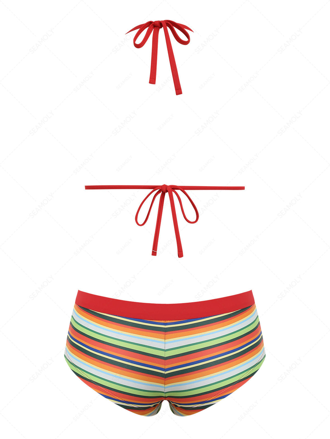 Seamolly Rainbow Striped Contrast Binding Halter Triangle Cheeky Boyshorts Bikini Set