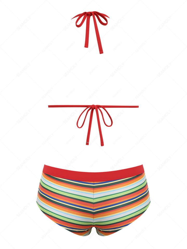 Seamolly Rainbow Striped Contrast Binding Halter Triangle Cheeky Boyshorts Bikini Set