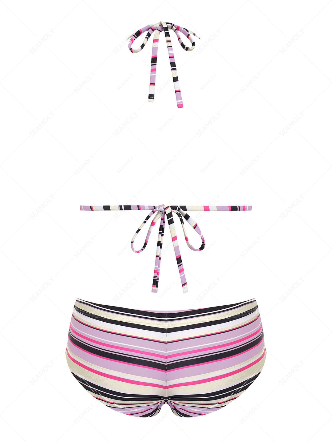 Seamolly Striped Bowknot Halter Triangle Boyshorts Bikini Set