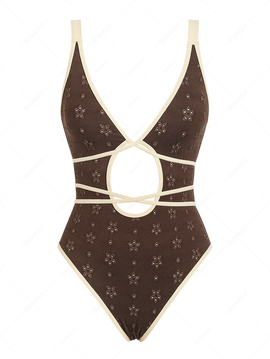 Seamolly Recycled Fabric Jacquard Tie Around Deep V Neck One-piece Swimsuit