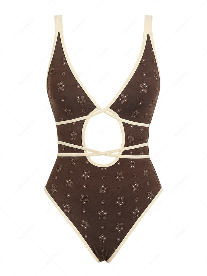 Seamolly Recycled Fabric Jacquard Tie Around Deep V Neck One-piece Swimsuit
