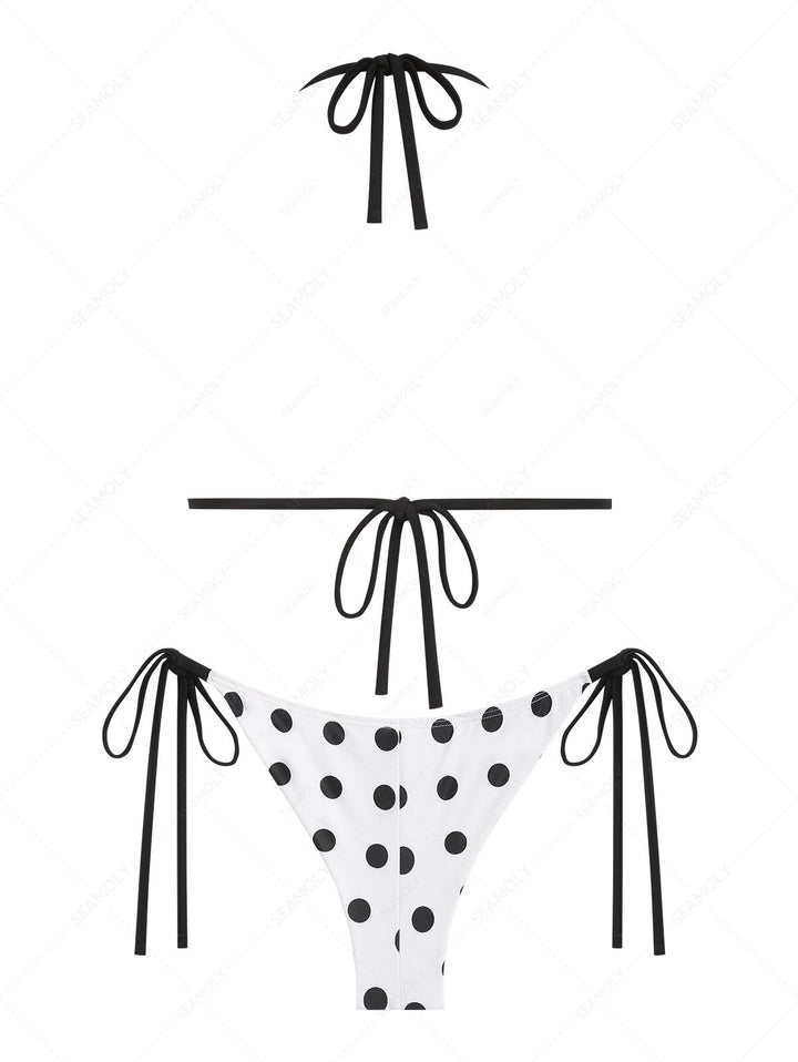 Seamolly Polka Dot Picot Bowknot Triangle Top & Cheeky Brazilian Bottom Bikini Set
