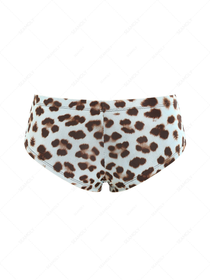Seamolly 3 Piece Leopard Print Bowknot Contrast Binding Cheeky Boyshort Bikini Set