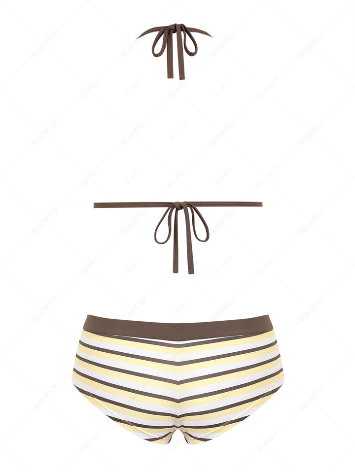Seamolly Striped Contrast Binding Triangle Cheeky Boyshorts Bikini Set
