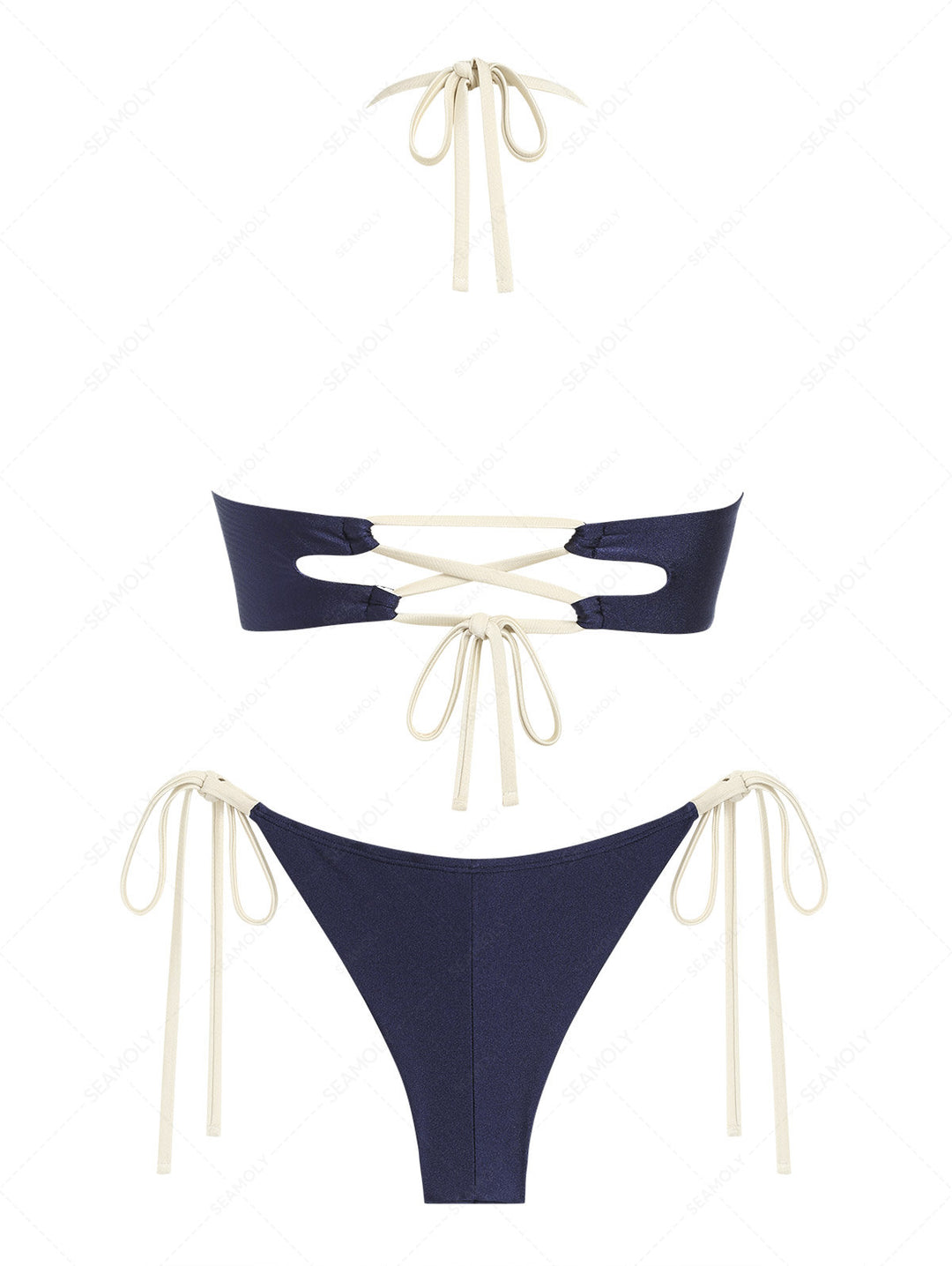 Seamolly Color Spliced Ruched Halter Top & Cheeky Brazilian Bottom Bikini Set
