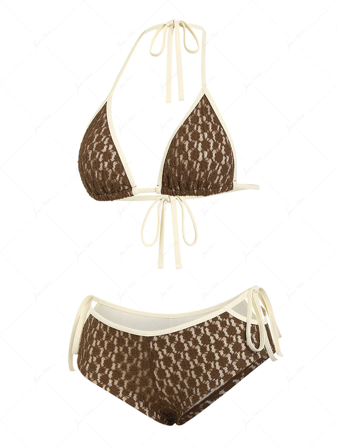 Seamolly Lace Contrast Binding Cutout Tied Cheeky Boyshorts Bikini Set