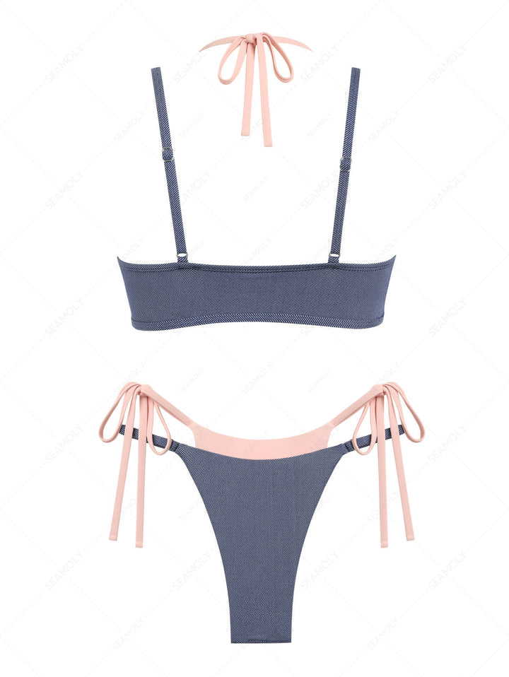 Seamolly Denim Contrast Color Tie Side Double Layer Bikini Set