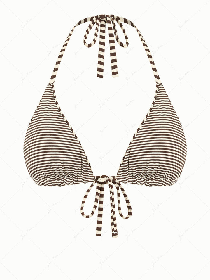 Brown Knit Striped Reversible Halter Triangle Bikini Top