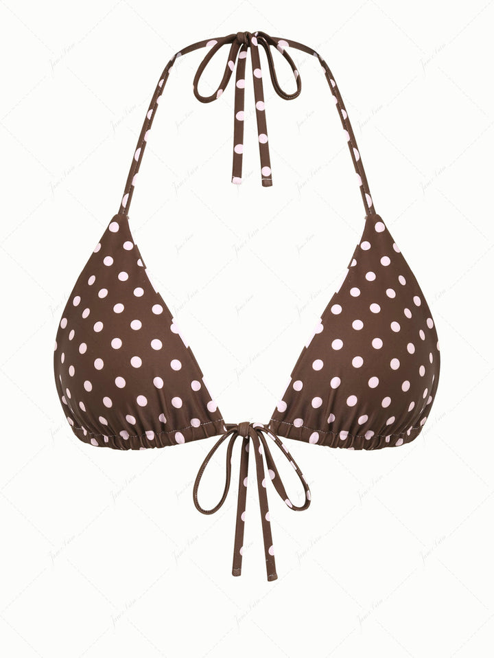 Pink Striped Polka Dot Print Reversible Halter Triangle Bikini Top