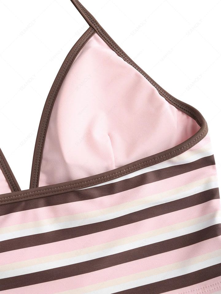 Seamolly Striped Halter Cutout Tied Side Cheeky Boyshorts Tankini Set
