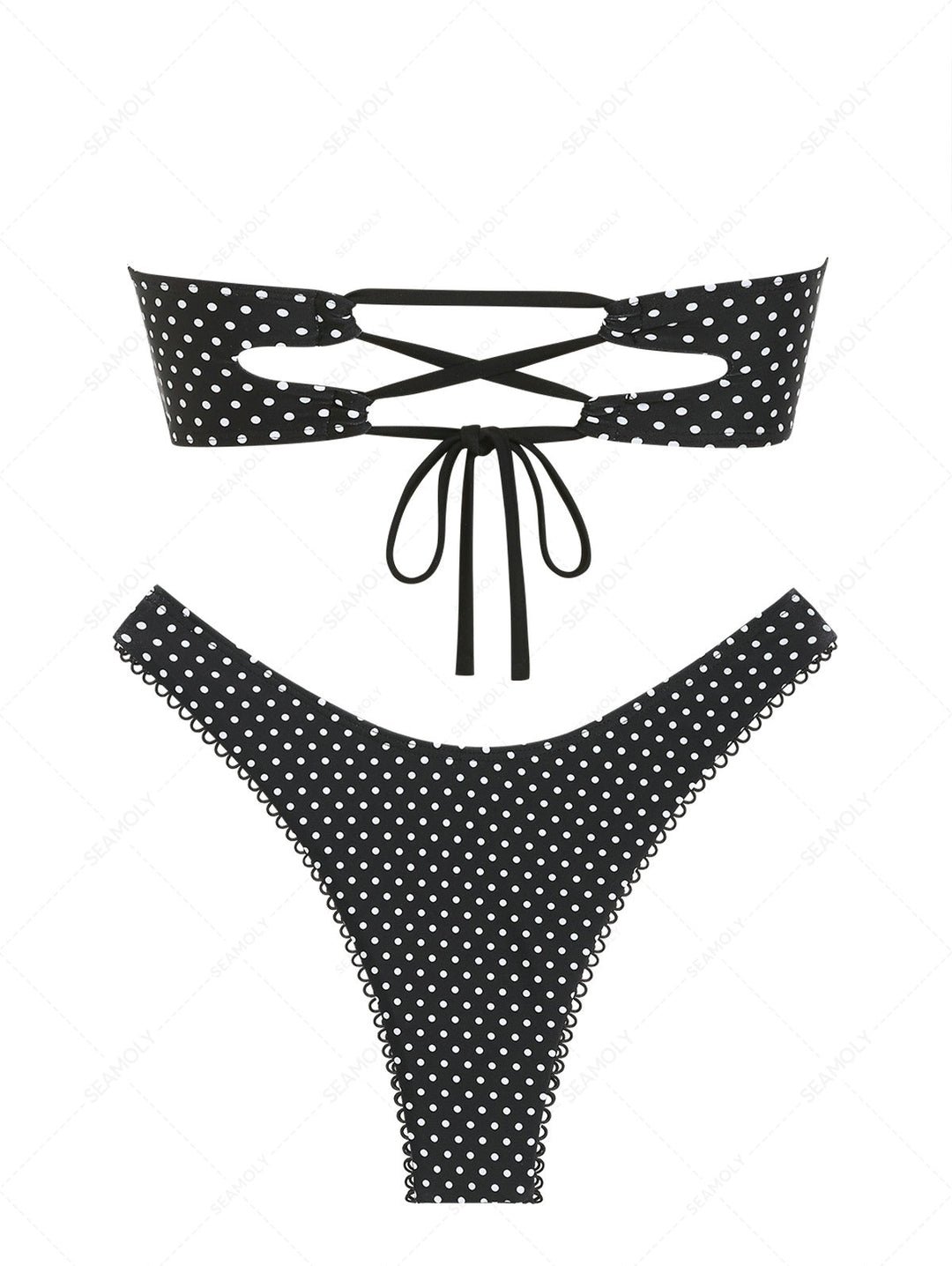 Seamolly 3 Piece Polka Dot Picot Bowknot Lace Up Bandeau Cheeky Boyshort Bikini Set