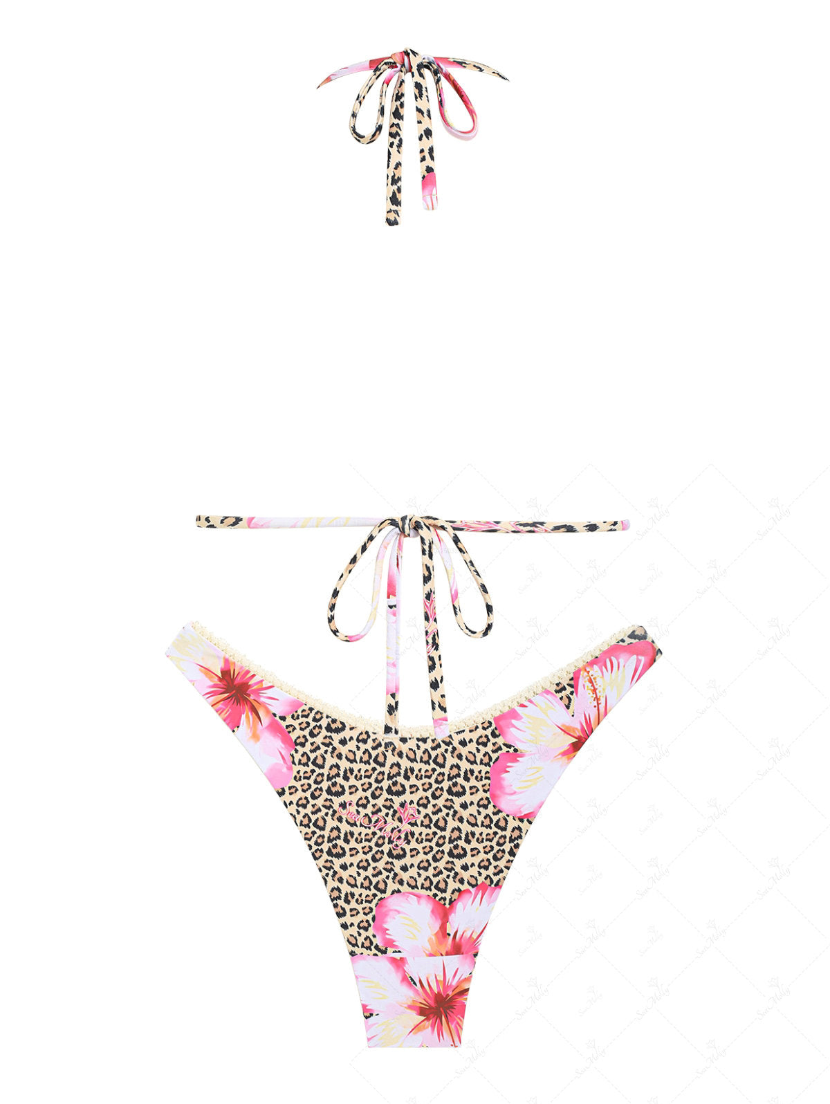 Seamolly Vintage Leopard Floral Print Lace Trim Halter Triangle Cheeky
