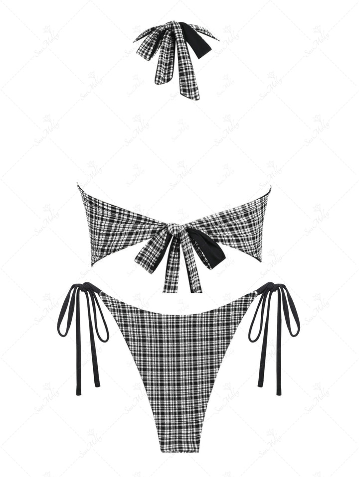 Seamolly Reversible Gingham Bowknot Decor Halter Tie Side Tankini Set