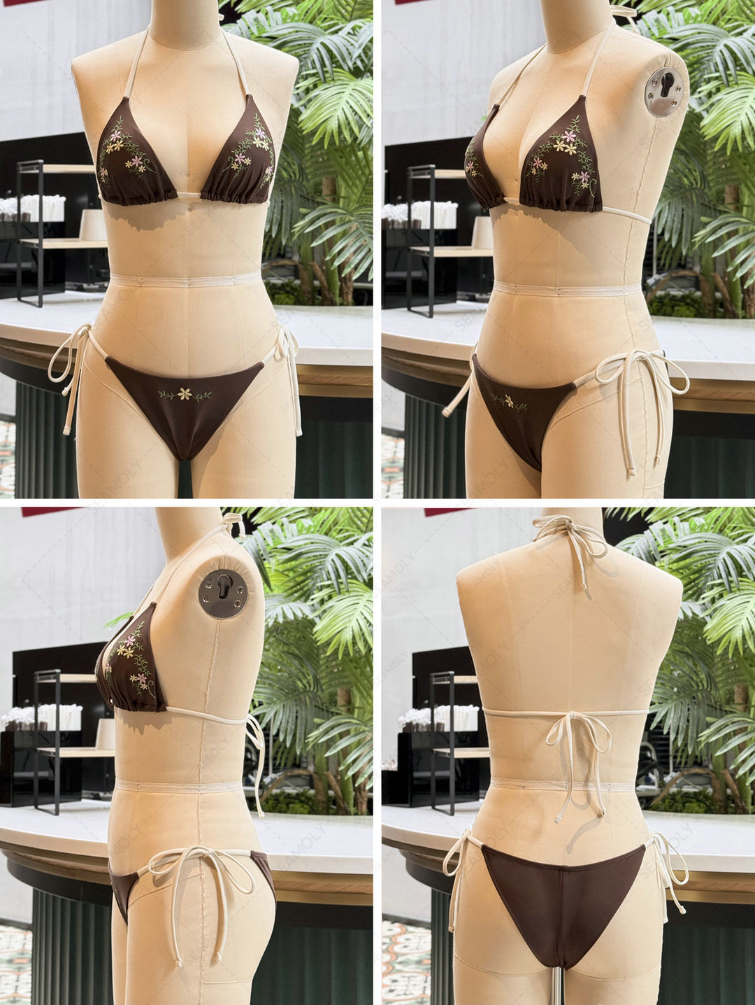 Seamolly Vintage Embroidery Halter Triangle Top & Cheeky Brazilian Bottom Bikini Set