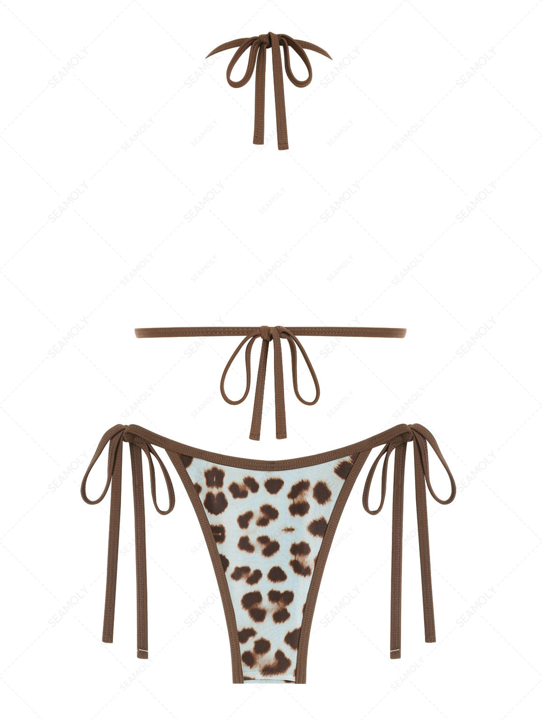 Seamolly 3 Piece Leopard Print Bowknot Contrast Binding Cheeky Boyshort Bikini Set