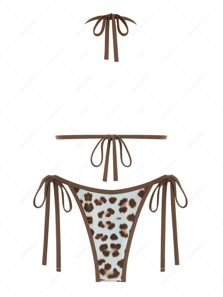 Seamolly 3 Piece Leopard Print Bowknot Contrast Binding Cheeky Boyshort Bikini Set
