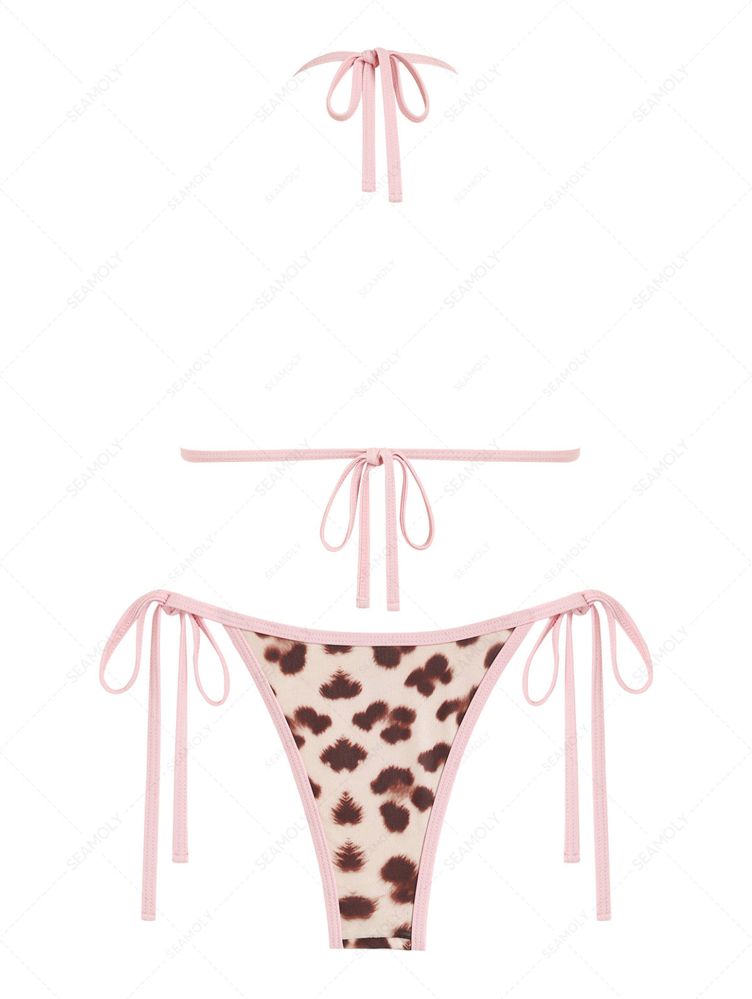 Seamolly Leopard Print Bowknot Contrast Binding String Tanga Bikini Set