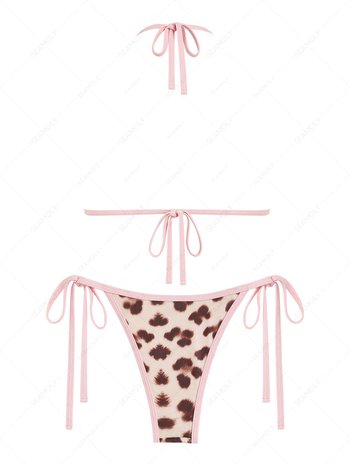 Seamolly Leopard Print Bowknot Contrast Binding String Tanga Bikini Set