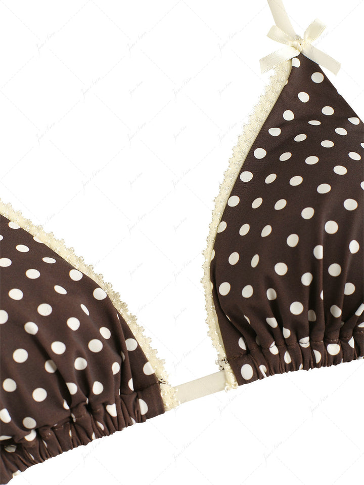 Deep Coffee Polka Dot Lace Bowknot Triangle Top & Cheeky Brazilian Bottom Bikini Set