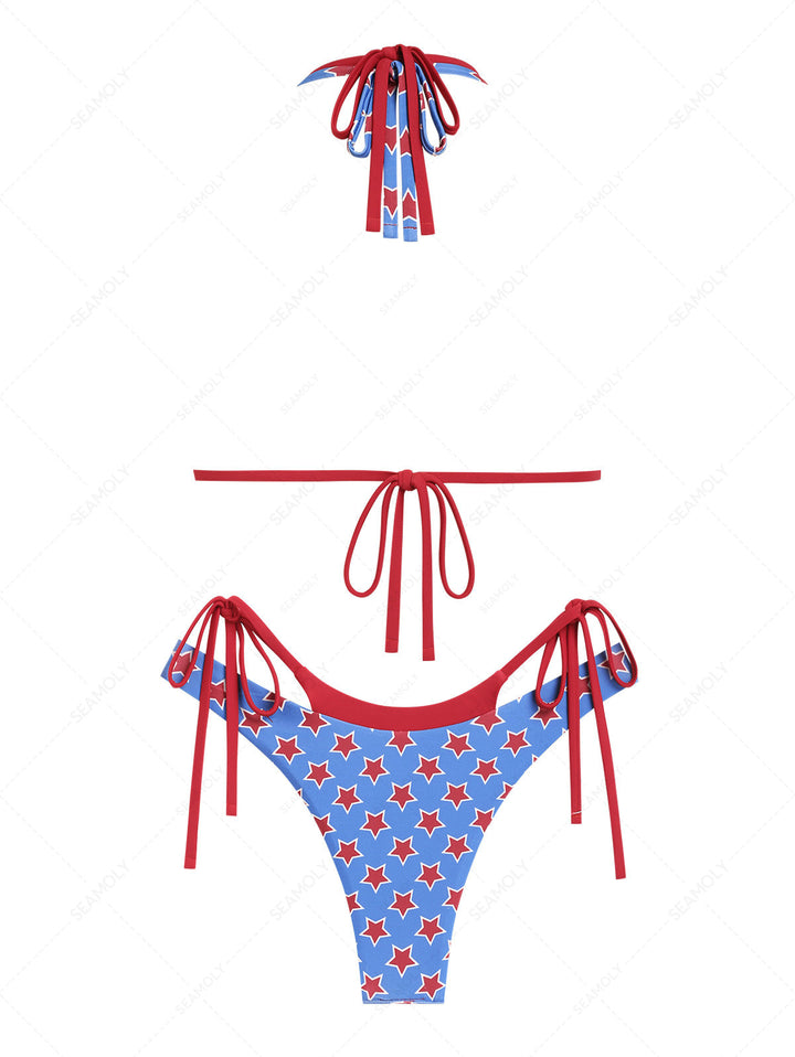 Seamolly 3 Piece Swimsuit - Stars Print O Ring Double Layer Bikini Set for 4th of July & Cover Up Skirt