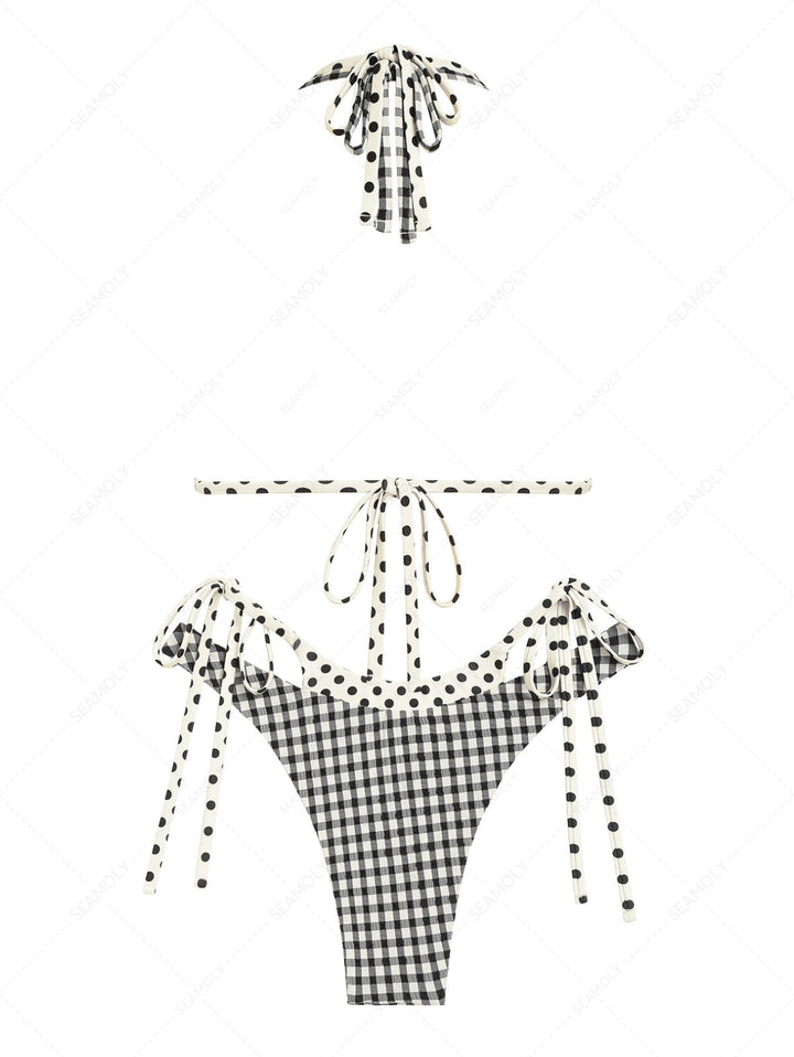 Seamolly Gingham Polka Dot Print O Ring Double Layer Bikini Set