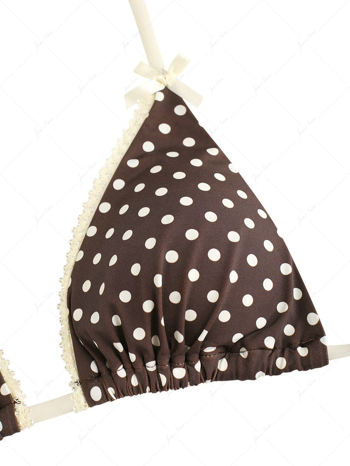 Deep Coffee Polka Dot Lace Bowknot Cutout Tie Side Cheeky Boyshorts Bikini Set