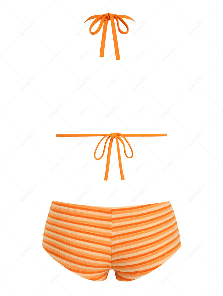 Seamolly Terry Cloth Toweling Striped Binding Cheeky Boyshorts Bikini Set