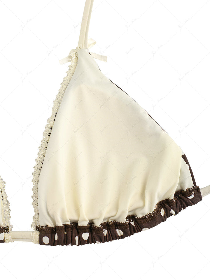 Deep Coffee Polka Dot Lace Bowknot Halter Triangle Bikini Top