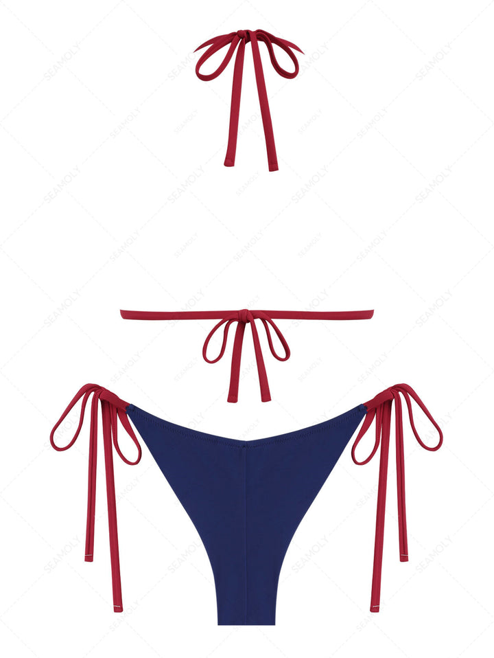 Seamolly  Lace Bowknot Triangle Top & Cheeky Brazilian Bottom Bikini Set for 4th of July