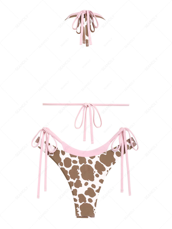 Seamolly Contrast Color Cow Print O Ring Double Layer Bikini Set