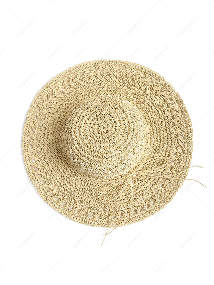 Crochet Hollow Out Floppy Foldable Wide-Brim Straw Bucket Sun Hat
