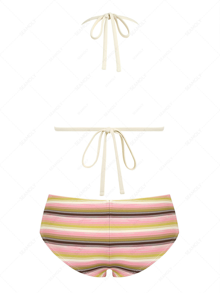 Seamolly Y2K Striped Triangle Push Up Top & Cheeky Boyshorts Bikini Set