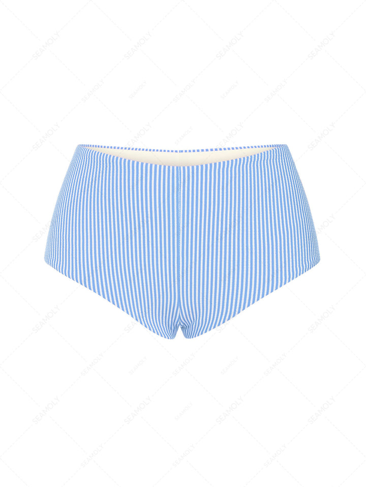 Sky Blue Striped Beach Swim High Rise Bottom Boyshorts