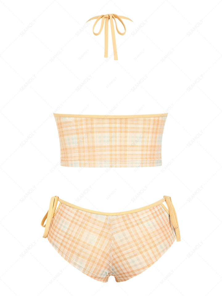 Seamolly Plaid Halter Cutout Tied Side Cheeky Boyshorts Tankini Set