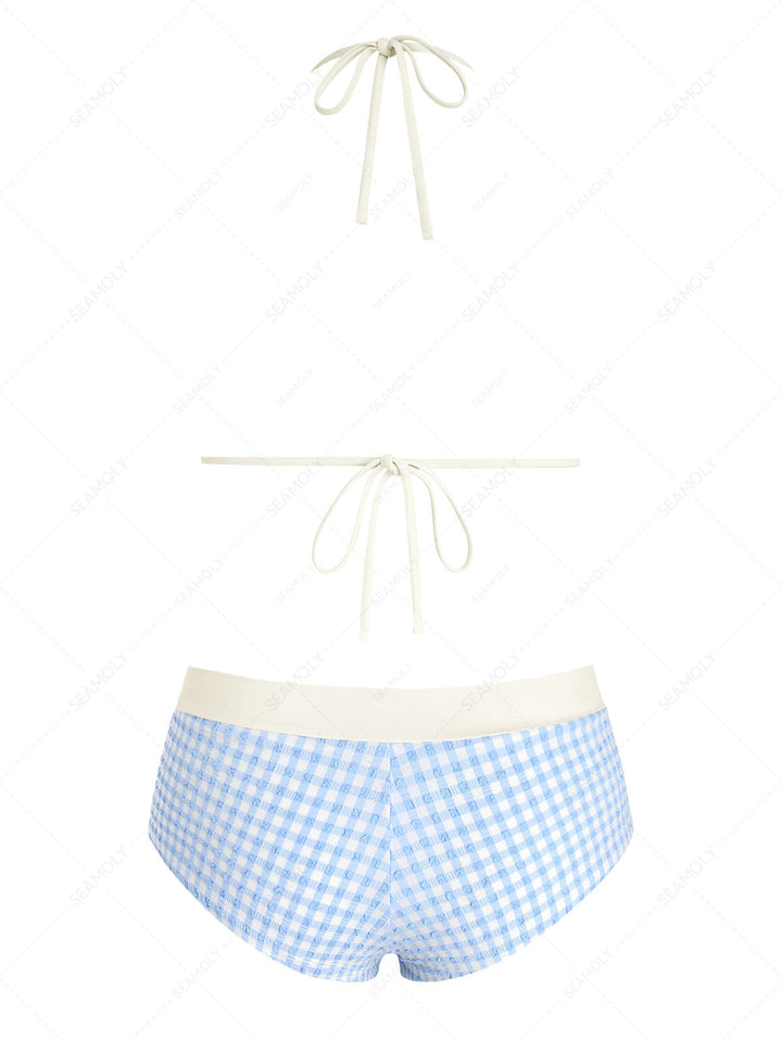 Seamolly Gingham Textured Lace Bowknot Boyshorts Bikini Set