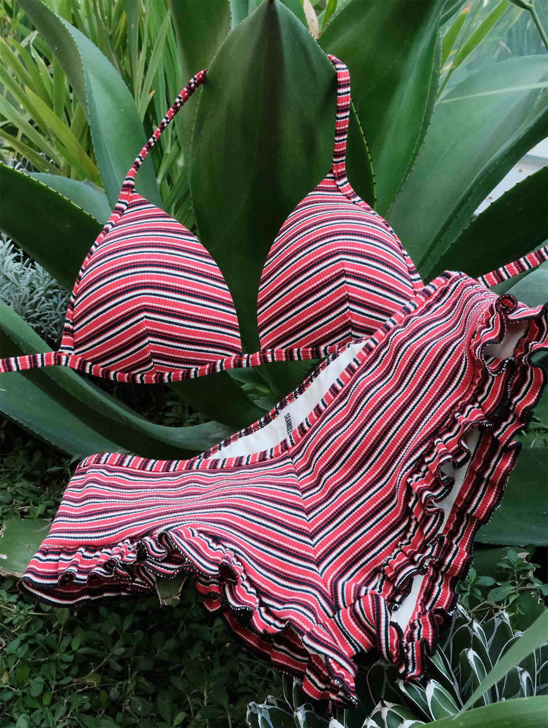 Red Knit Striped Ribbed Halter Triangle Bikini Top