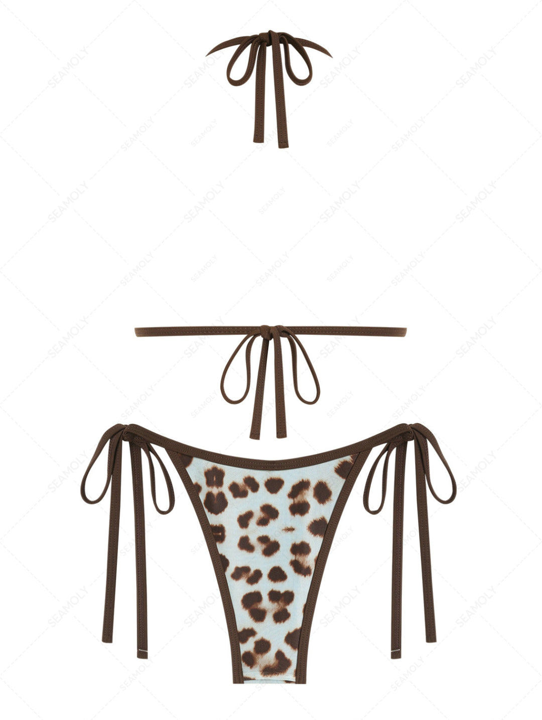 Seamolly 3 Piece Leopard Print Bowknot Contrast Binding Cheeky Boyshort Bikini Set