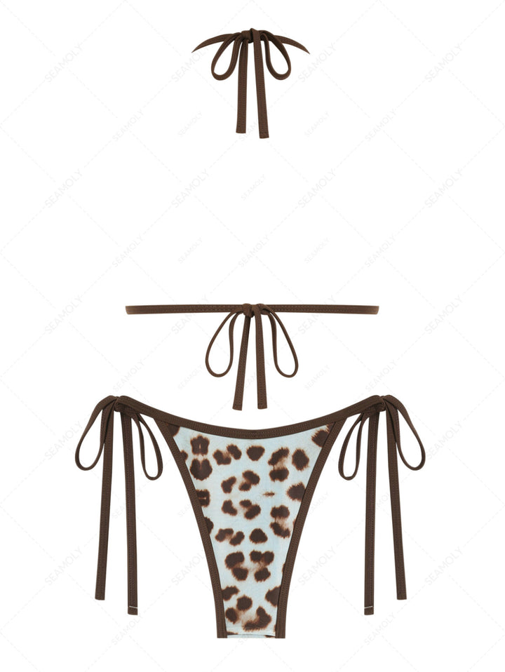 Seamolly 3 Piece Leopard Print Bowknot Contrast Binding Cheeky Boyshort Bikini Set