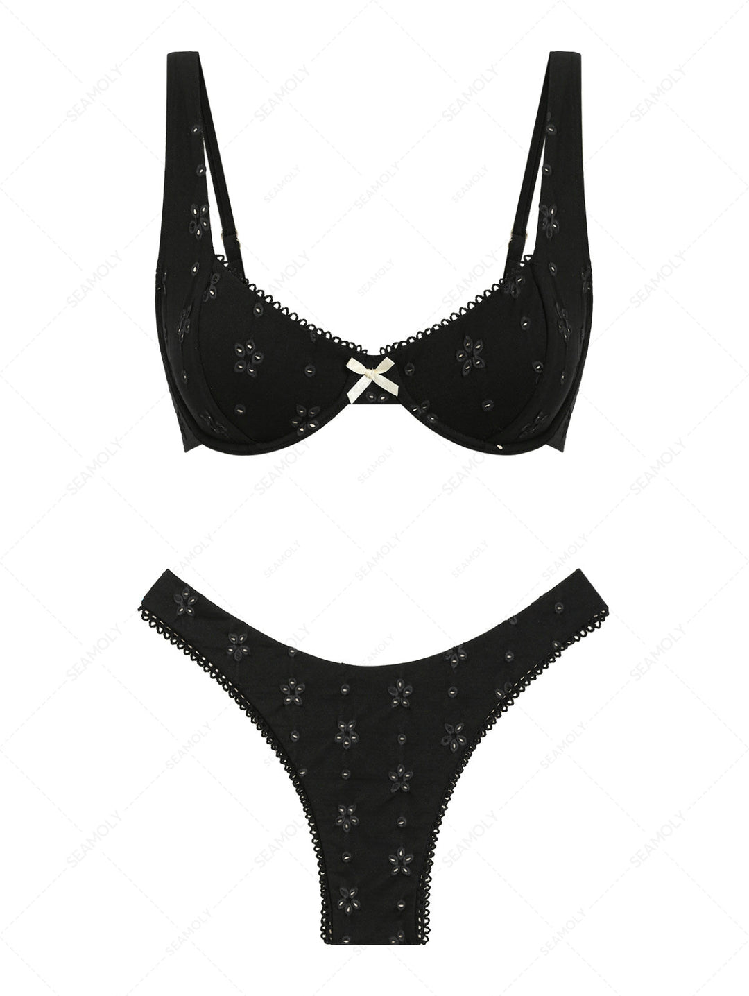 Seamolly Recycled Fabric Eyelet Jacquard Picot Bowknot Underwire Bikini Set