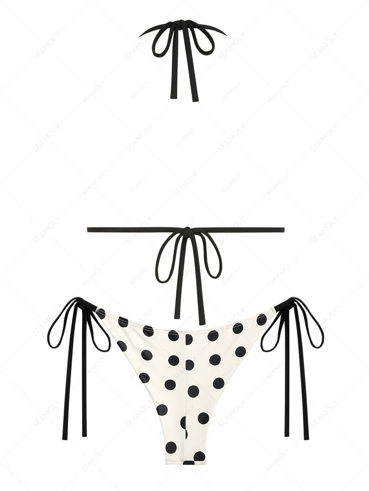Seamolly 3 Piece Polka Dot Picot Trim Triangle Brazilian Cheeky Boyshort Bikini Set